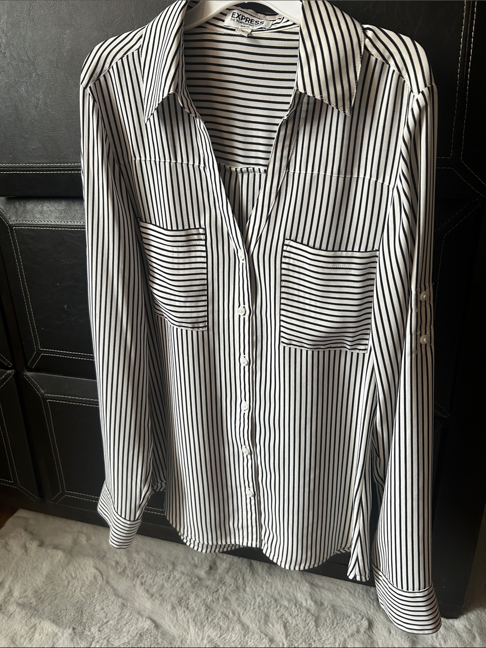 Express Men’s Black and White Striped Button-Down Shirt